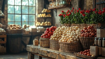 Rustic farmer's market with fresh produce and jars