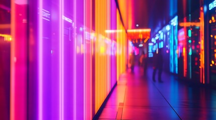 Fototapeta premium Vibrant Neon Lights Illuminate Modern City Corridor