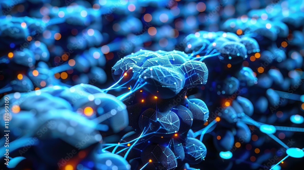 Poster abstract representation of interconnected molecular structures with glowing elements.