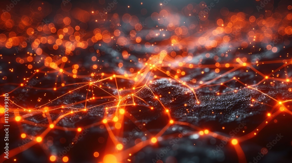 Poster abstract representation of interconnected networks with glowing orange nodes and lines.