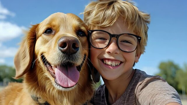 Joyful boy with glasses takes happy selfie with his golden retriever pet in sunny park, capturing moment of pure joy.