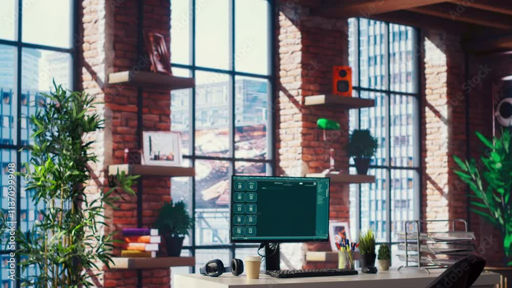 Fototapete AI LLM chatbot answering user prompts using predictive technology in IT department home office. Computer setup in workspace building large language model program using artificial intelligence