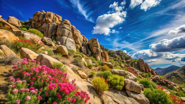Rocky Hillside with Chamisa Blooms and Blue Sky