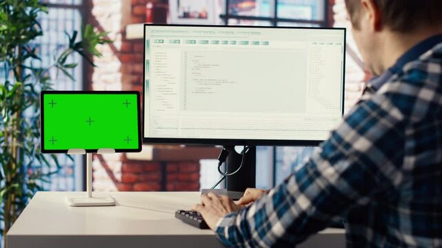 Man in home office looks at green screen tablet and computer, typing and executing programming code. Coding application used by IT developer writing and testing code using chroma key device, camera B