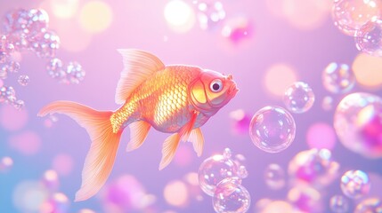 Fototapeta premium Vibrant Goldfish Swimming Amidst Colorful Bubbles with a Dreamy Background of Soft Pastels and Playful Light Reflections for Artistic Inspiration
