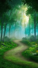 Obraz premium Serene Forest Path Phone Wallpaper with Morning Light and Mist