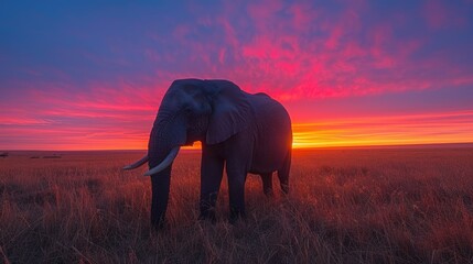 Obraz premium An elephant stands majestically against a vibrant sunset in a grassy landscape.