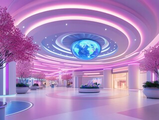 Modern futuristic interior with pink cherry blossom trees, a glowing globe centerpiece, and vibrant lighting, creating an inviting atmosphere in a spacious lobby setting.