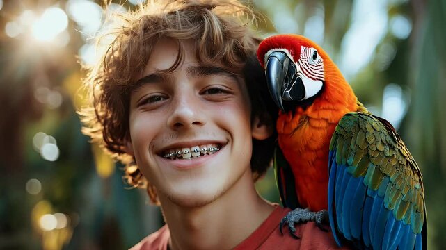 Joyful young man with braces smiles outdoors beside colorful parrot in nature, embracing beauty of animals and vibrant surroundings.
