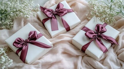 Elegant Gift Boxes with Burgundy Ribbons on Beige Fabric
