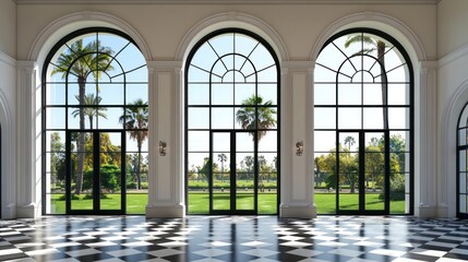 Naklejka premium Luxurious interior with arched windows, checkered floor, and garden view.