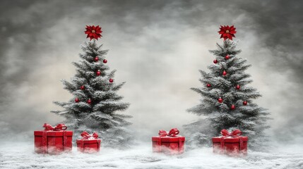 Two Snowy Christmas Trees with Red Gifts