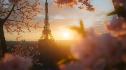 Eiffel Tower Sunset View Through Blossoming Cherry Tree Branches