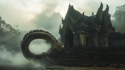 Mystical Dragon Coiled Near Ancient Temple Ruins