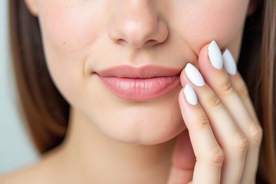 Close-up of a Woman's Face Showcasing Her Perfectly Manicured White Nails and Lips, Ideal for Beauty and Cosmetic Advertisements