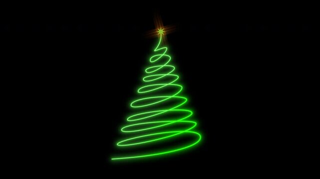 Animated green Christmas tree with glow effect. Isolated on a black background. Alpha channel.