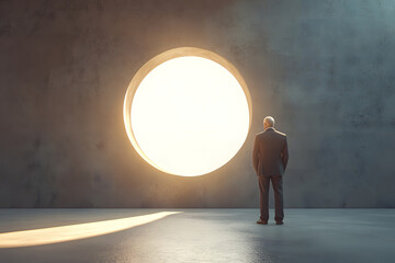 Obraz premium Silhouette of a Man Standing in Front of a Glowing Keyhole Doorway