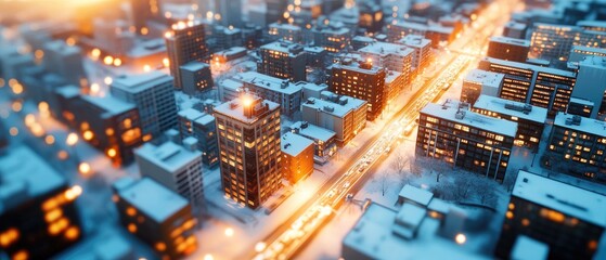 Aerial View of a Snowy Cityscape at Dusk Illuminated by Warm Streetlights and Building Lights with Traffic Flowing in Winter Landscape
