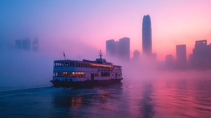 Ferry Navigates Misty Harbor at Sunrise Cityscape