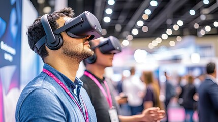 Engaged Individuals Experiencing Virtual Reality Technology at Modern Exhibition with Headsets in Dynamic Convention Center Setting