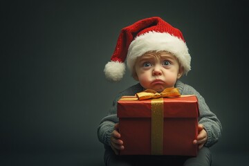 Holiday season season digital ads idea snapshot shot for flyer and social platforms use. Child boy grieving in a red festive hat, with holiday box. Holiday photo ad. Gift wrapping poster.