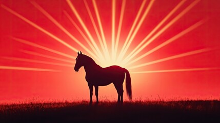 Majestic Silhouette of a Horse Against a Vibrant Sunset with Radiating Sunrays in a Scenic Pastoral Landscape Capturing Nature's Serenity and Beauty
