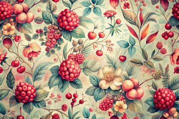Red berry blooms in vintage floral style, long exposure captures nature's botanical beauty; a nature print.