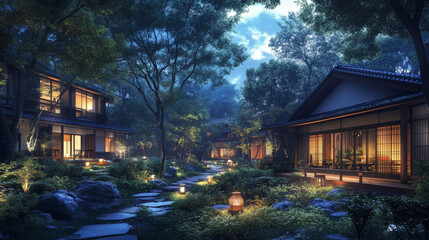 Japanese Forest Farmstay: Serene Night Scene, Asian Architecture, Dreamy Lighting