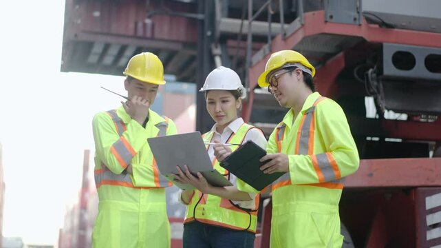 Group of professional dock worker and engineering people taking with their supervisor while record data online with digital laptop at warehouse logistic in cargo freight ship for import and export