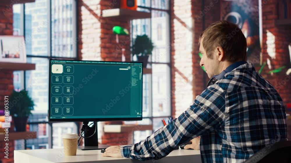 Poster Graphic designer designing UX for AI software turning text prompt into photos. IT specialist in home office using machine learning tech to build text to image AI generative models, camera B