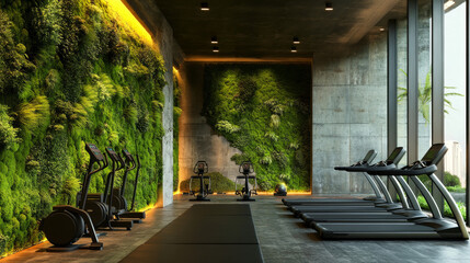 Obraz premium Luxury Gym Interior Design: Green Moss Wall, Treadmills, and Exercise Bikes