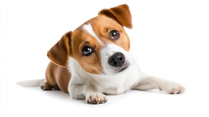 Adorable Brown and White Dog with Expressive Eyes Resting on White Background, Capturing Playful Spirit and Friendly Nature of Canine Companions
