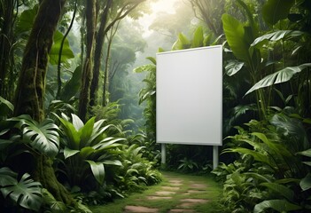 Blank billboard displaying in lush tropical jungle surrounded by exotic plants