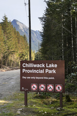 Sign at the entrance to the Chilliwack Lake Provincial Park in Chilliwack, British Columbia, Canada