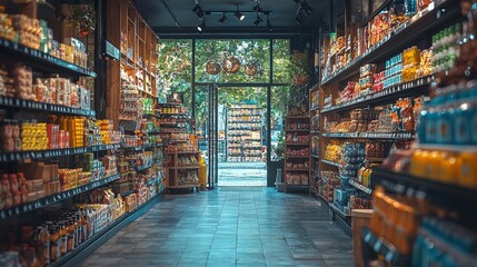 Fototapeta premium Modern grocery aisle with natural light and fresh products