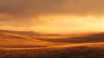 Obraz premium Golden Sunset Over Rolling Hills And Grasslands