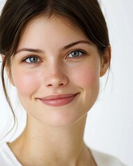Naklejka premium A confident young female entrepreneur, close-up portrait, smiling warmly, soft studio lighting, plain white background,