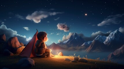 A photo of a 3D character camping under the stars