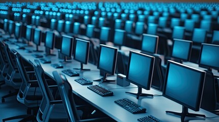 Obraz premium Vast Array of Computer Workstations Featuring Multiple Monitors and Keyboards in a Large Open Office Space with Dim Blue Lighting