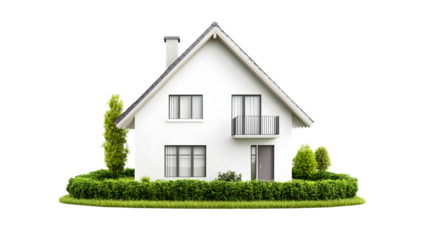 Front view of a modern family-friendly white house with a garden, isolated on a white background