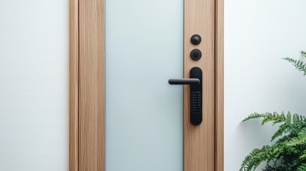 Obraz premium Digital lock and security efficiency, A modern wooden door with a glass panel, featuring a sleek black handle, surrounded by a minimalist aesthetic and greenery.