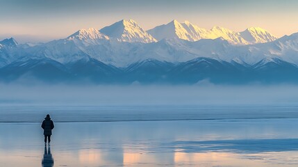 Solitary Figure Gazing at Majestic Winter Mountains