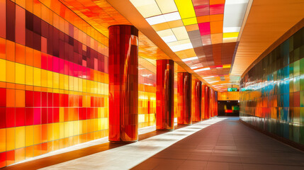 Fototapeta premium Vibrant Subway Station: Colorful Tiles, Minimalist Design, Tranquil Ambiance