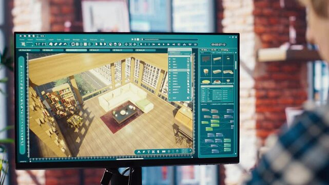 Freelancer working from home moving assets in 3D modeling program, doing interior design project. Teleworking interior designer using CAD software on PC, making home floor plans, camera B