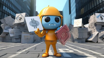 A photo of a 3D character holding a sign with Bitcoin