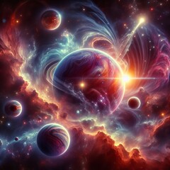 Obraz premium A stunning space-themed artwork featuring multiple planets surrounded by colorful nebulas and glowing stars. Perfect for sci-fi themes, cosmic exploration, or futuristic concepts.. AI Generation