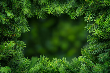 Green needles form a natural frame with blurred foliage in the background