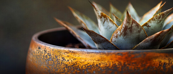Mescal Agave Plant in Rustic Pot: Close-Up Photography
