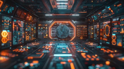 Obraz premium Futuristic control room with glowing interfaces and a central globe display.