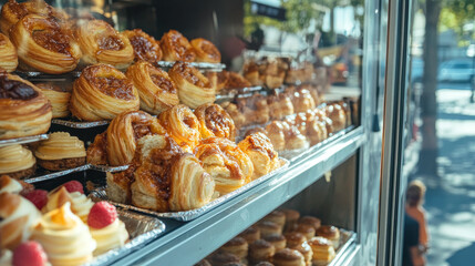 Fototapeta premium Pastry Shop Window Display: Delicious Golden Brown Pastries